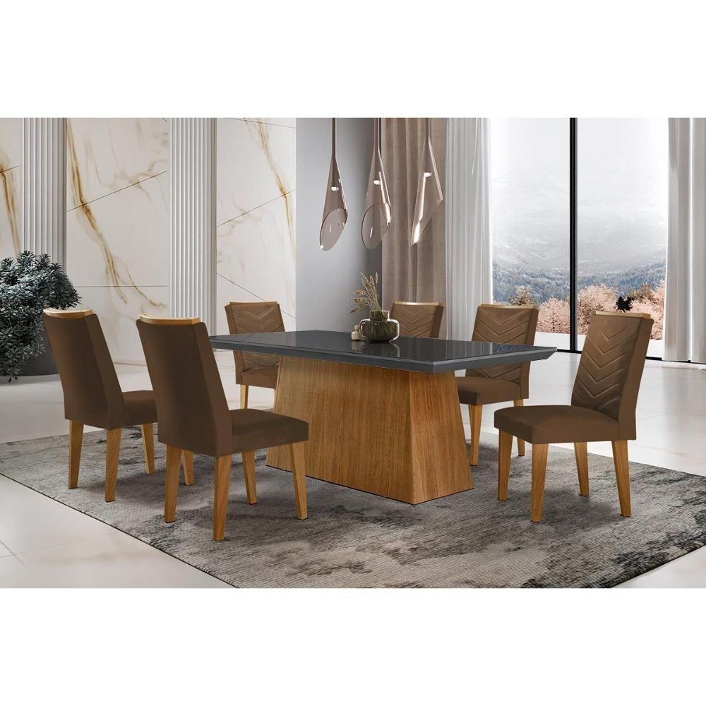 Sala de Jantar Completa Luna c/ Tampo Vidro Canto Curvo 180x90cm e 6 cadeiras Londrina Imbuia/Grafite - Suede Marrom - Rufato - 1