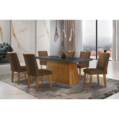 Sala de Jantar Completa Luna c/ Tampo Vidro Canto Curvo 180x90cm e 6 cadeiras Londrina Imbuia/Grafite - Suede Marrom - Rufato