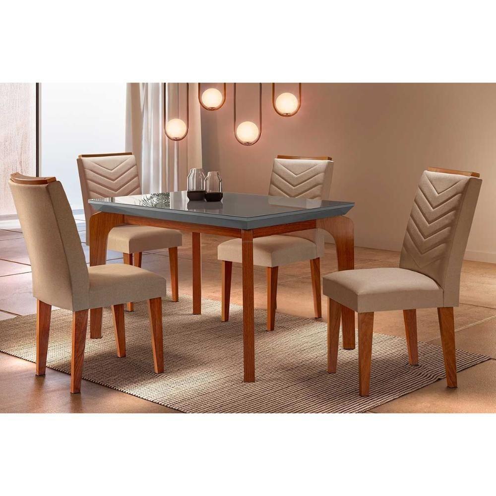 Sala de Jantar Completa Londrina c/ Tampo Madeirado Vidro Canto Curvo 120x80cm e 4 cadeiras Londrina Imbuia/Grafite - Veludo Capuccino - Rufato - 1