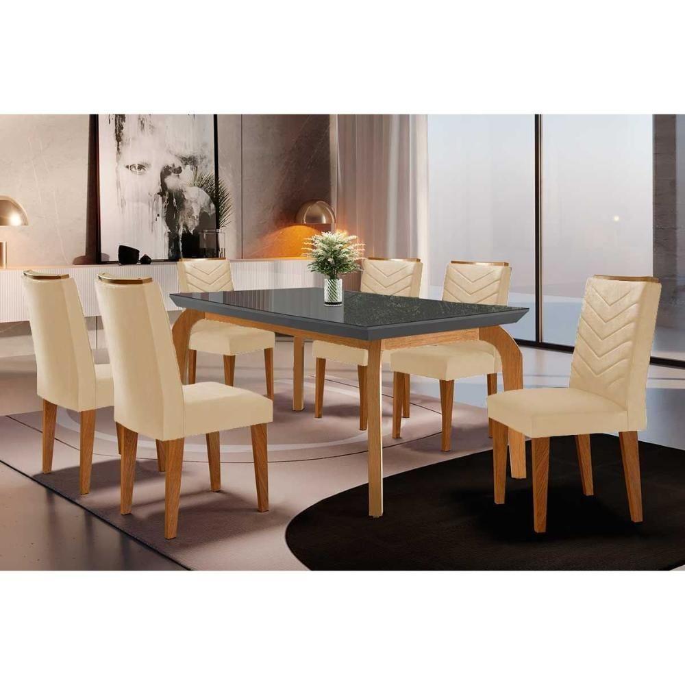Sala de Jantar Completa Londrina c/ Tampo Madeirado Vidro Canto Curvo 180x90cm e 6 cadeiras Londrina Imbuia/Grafite - Veludo Creme - Rufato - 1