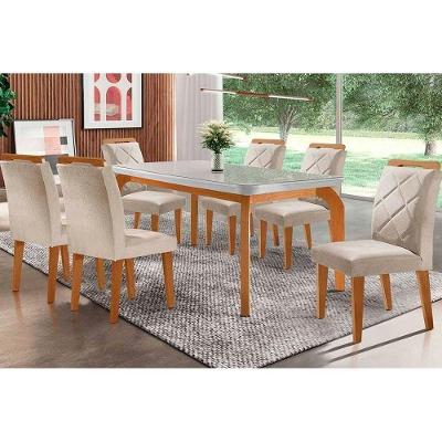Sala de Jantar Completa Londrina Tampo Madeirado c/ Vidro Curvo 180x90cm e 6 Cadeiras Melissa Imbuia - Veludo Creme - Rufato