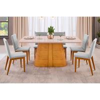 Sala de Jantar Completa Ryze Tampo Madeirado c/ Vidro Curvo 180x100cm e 6 Cadeiras Sofia Cedro/Off White - Ipe/Linho Neve - DJ Móveis - 1