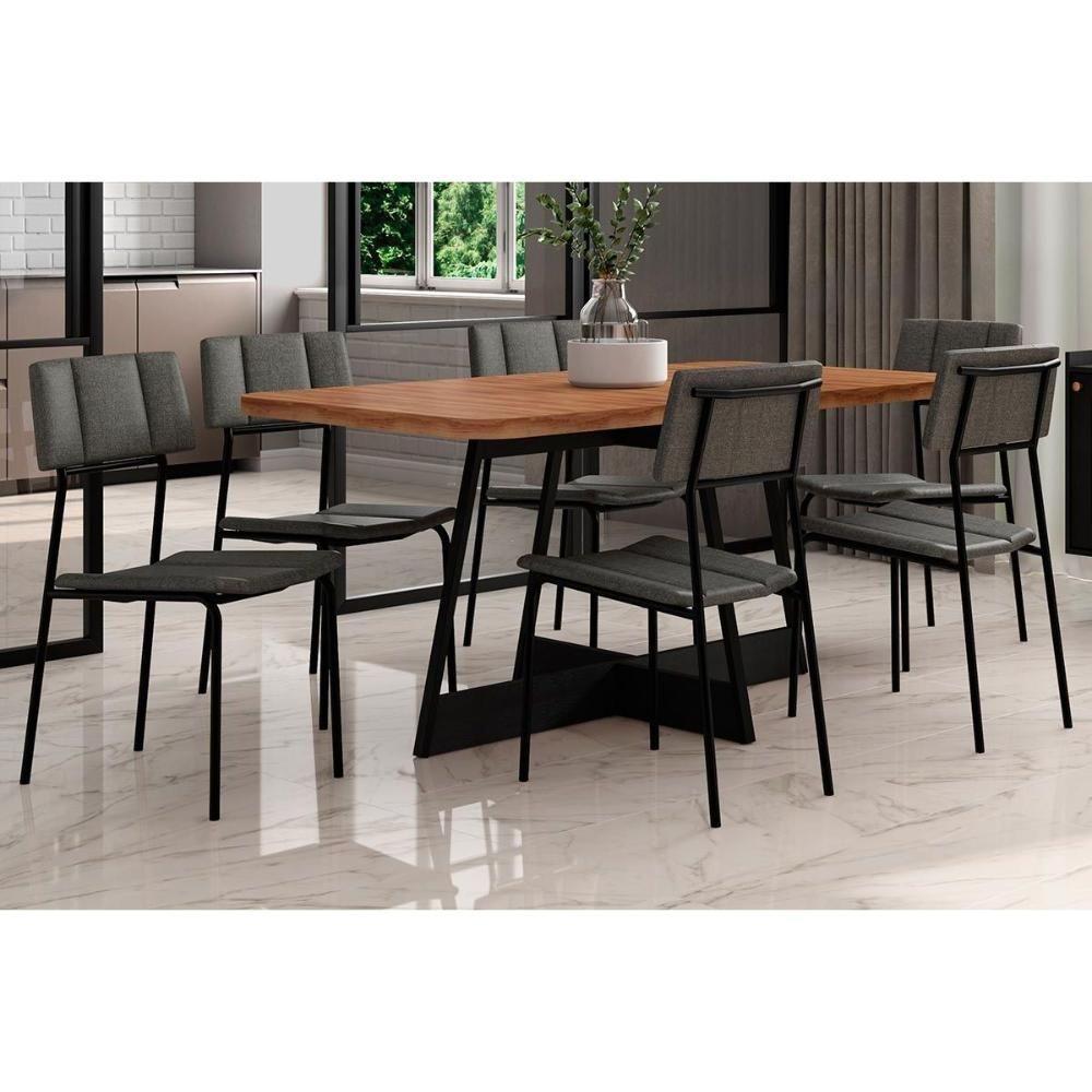 Sala de Jantar Completa Átria 1592 Aço c/ Tampo Madeirado 160x90cm e 6 Cadeiras Lou Preto/Nogal - Preto/Grafite - Carraro - 1