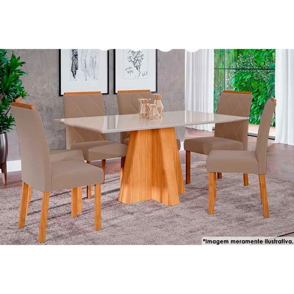 Sala de Jantar Completa Patricia c/ Tampo Madeirado c/ Vidro Canto Reto 160x80cm e 6 Cadeiras Fernanda Madeirado/Suede Joli Capuccino - Cimol - 1