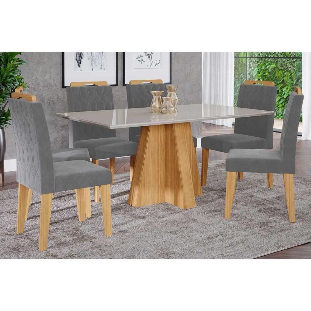 Sala de Jantar Completa Patricia c/ Tampo Madeirado c/ Vidro Canto Reto 160x80cm e 6 Cadeiras Paola Nature/Off White - Madeira/Linho Grafite - Cimol - 1