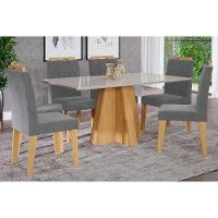 Sala de Jantar Completa Patricia c/ Tampo Madeirado c/ Vidro Canto Reto 160x80cm e 6 Cadeiras Paola Nature/Off White - Madeira/Linho Grafite - Cimol - 1