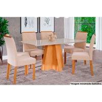 Sala de Jantar Completa Patricia c/ Tampo Madeirado c/ Vidro Canto Reto 160x80cm e 6 Cadeiras Fernanda Madeirado/ Linho Bege - Cimol - 1