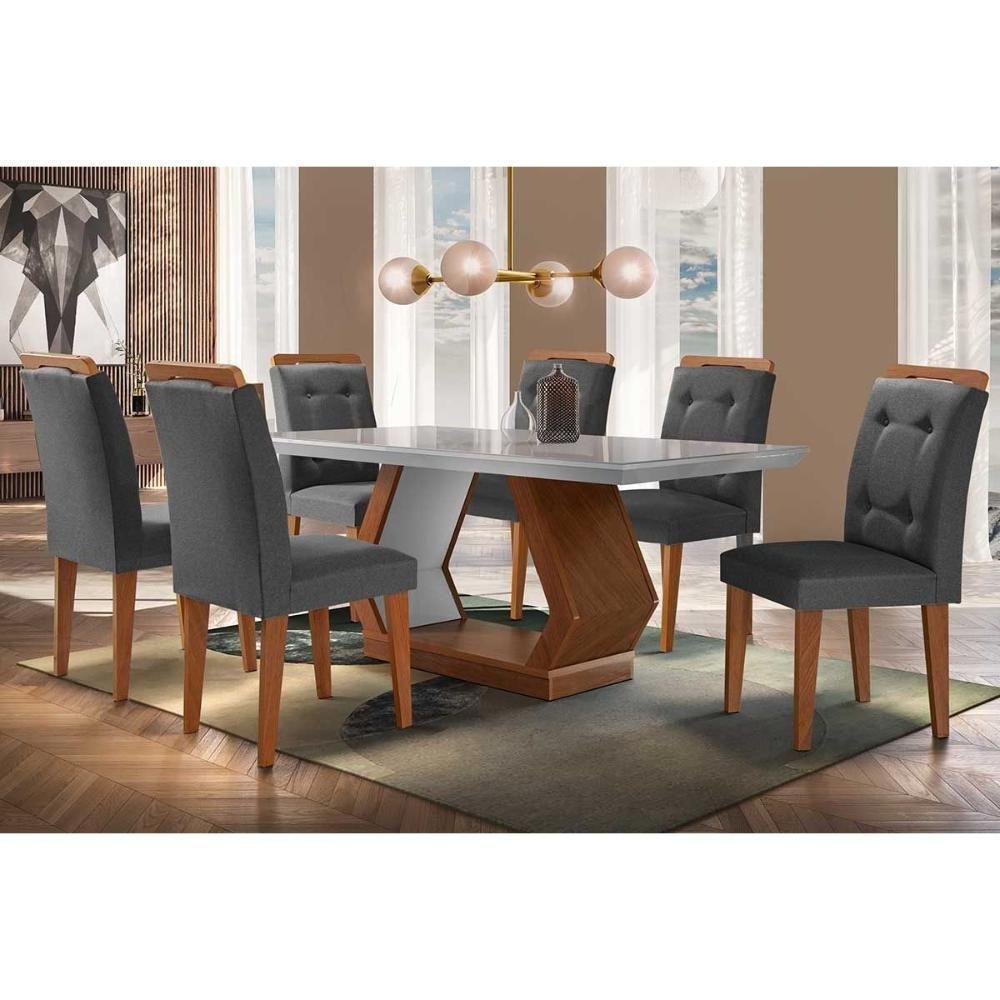 Sala de Jantar Completa Alvorada Tampo Madeirado c/ Vidro Canto Reto 180x90cm e 6 Cadeiras Imperatriz Imbuia/Off White - Linho Grafite - Rufato - 1