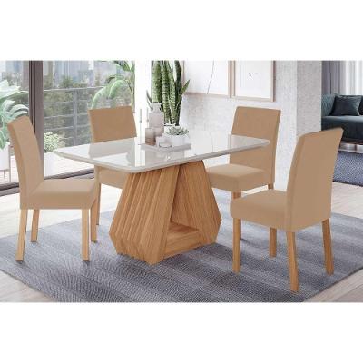 Sala de Jantar Completa Ágata c/ Tampo Madeirado c/ Vidro 130x80cm e 4 Cadeiras Maia Savana-Cinamomo/Suede Gengibre Bege - Cimol