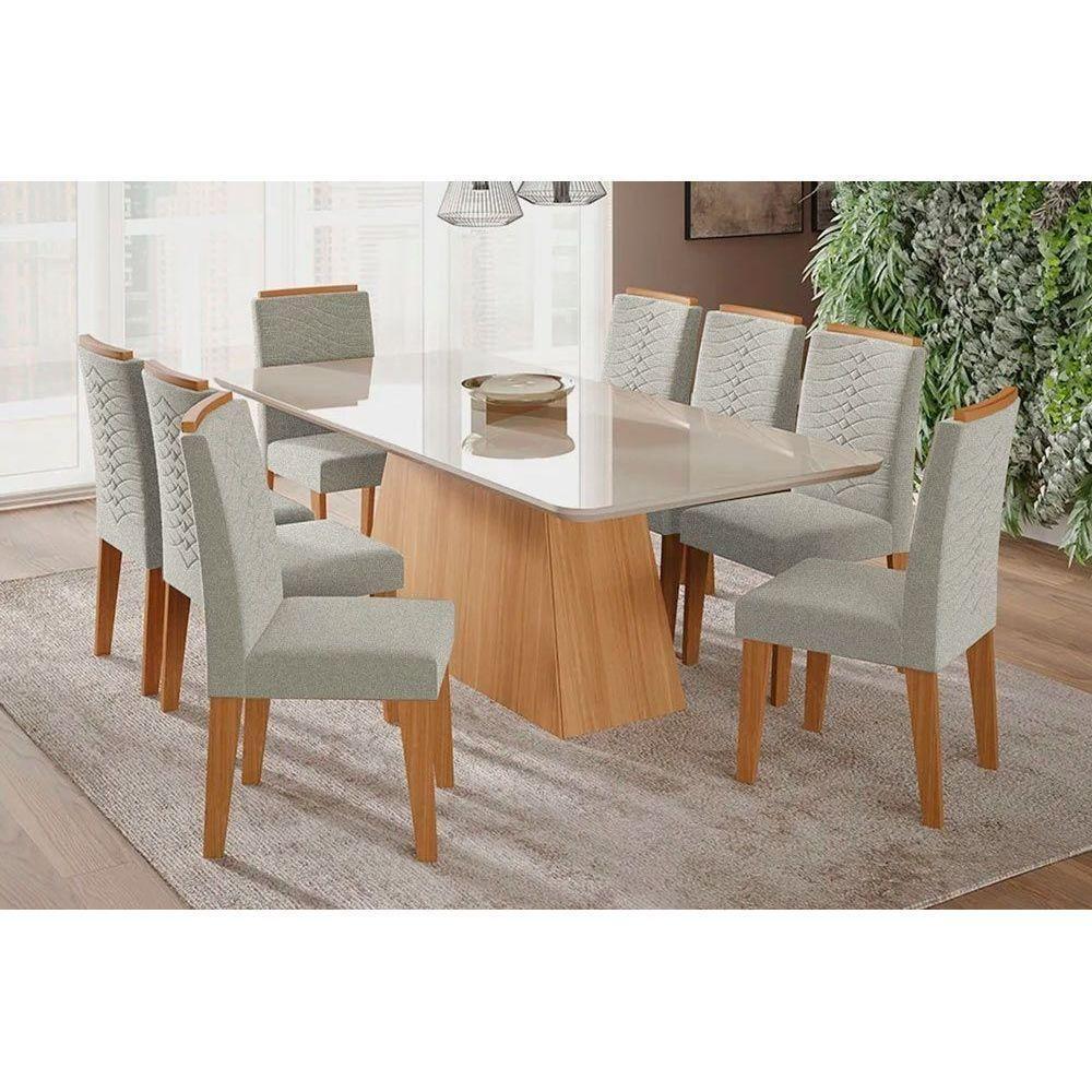 Sala de Jantar Completa Helena c/ Tampo Madeirado c/ Vidro 210x100 cm e 8 Cadeiras Clarice Nature-Madeirado/Linho Bege - Cimol - 1