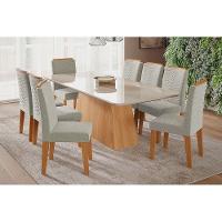 Sala de Jantar Completa Helena c/ Tampo Madeirado c/ Vidro 210x100 cm e 8 Cadeiras Clarice Nature-Madeirado/Linho Bege - Cimol - 1