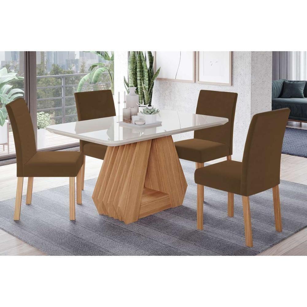 Sala de Jantar Completa Ágata c/ Tampo Madeirado c/ Vidro 130x80cm e 4 Cadeiras Maia Nature/Suede Mascavo Chocolate - Cimol - 1