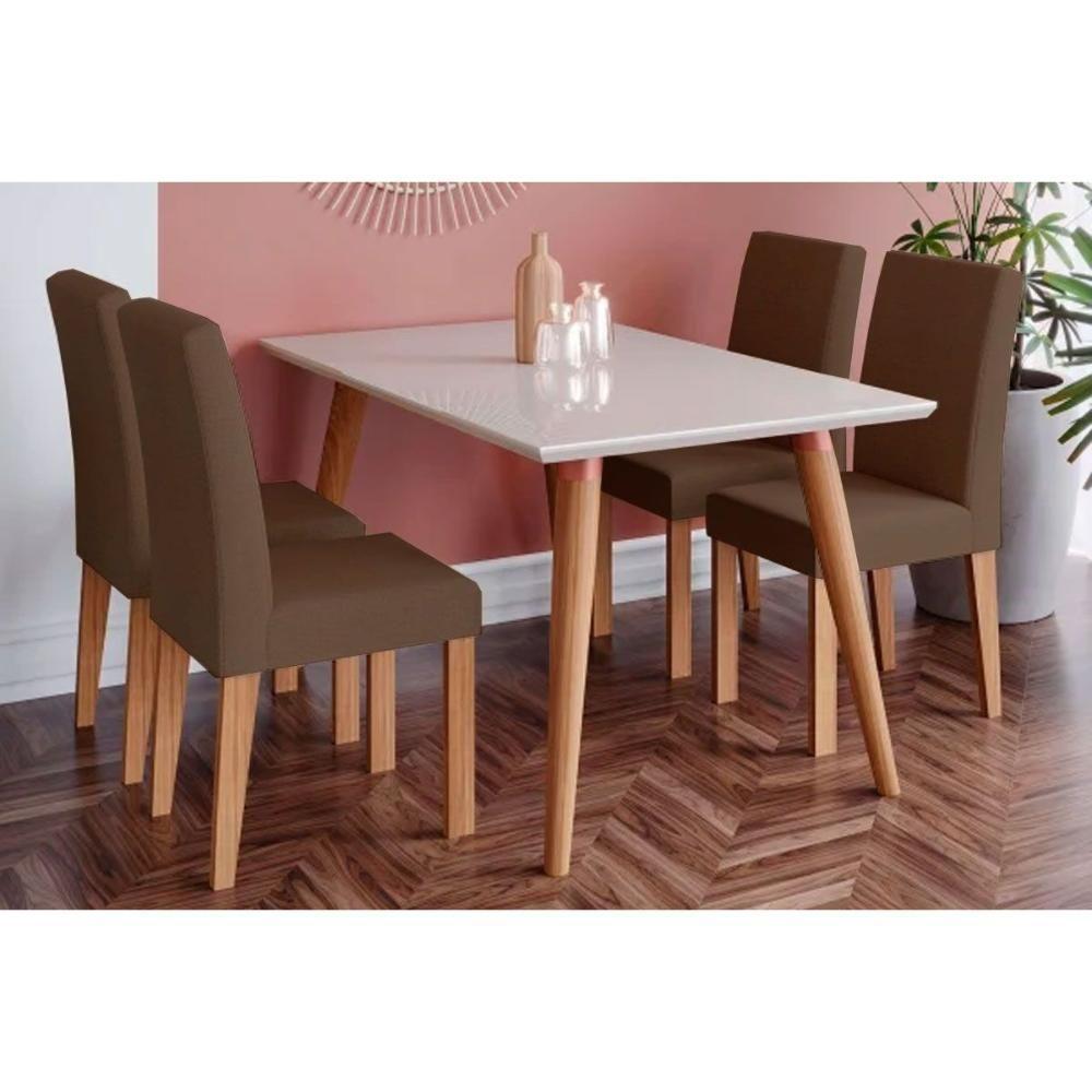 Sala de Jantar Completa Adele Madeira Maciça c/ Tampo Madeirado c/ Vidro 130x80cm e 4 Cadeiras Maia Nature/Suede Mascavo Chocolate - Cimol - 1