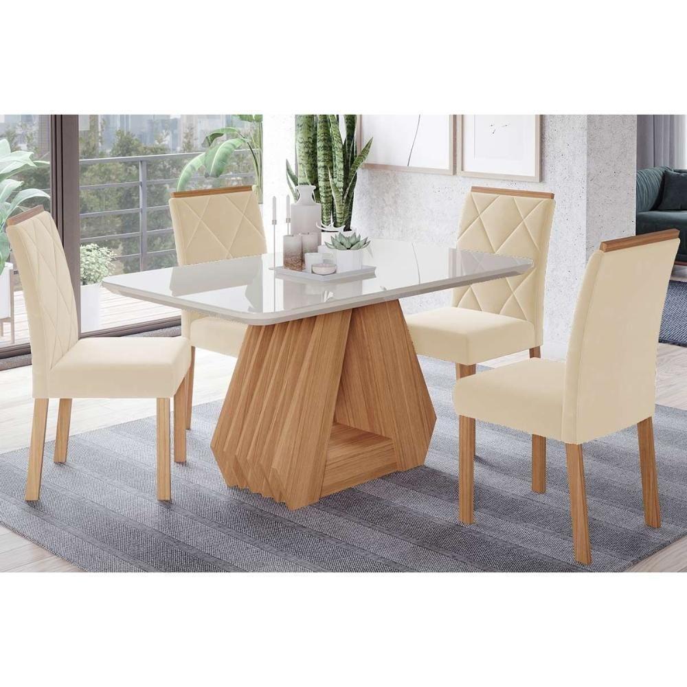 Sala de Jantar Completa Ágata Tampo Madeirado c/ Vidro 130x80cm e 4 Cadeiras Fernanda Nature-Madeirado/Suede Nude Bege - Cimol - 1