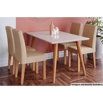 Sala de Jantar Completa Adele Madeira Maciça c/ Tampo Madeirado c/ Vidro 130x80cm e 4 Cadeiras Maia Nature/Suede Gengibre Bege - Cimol