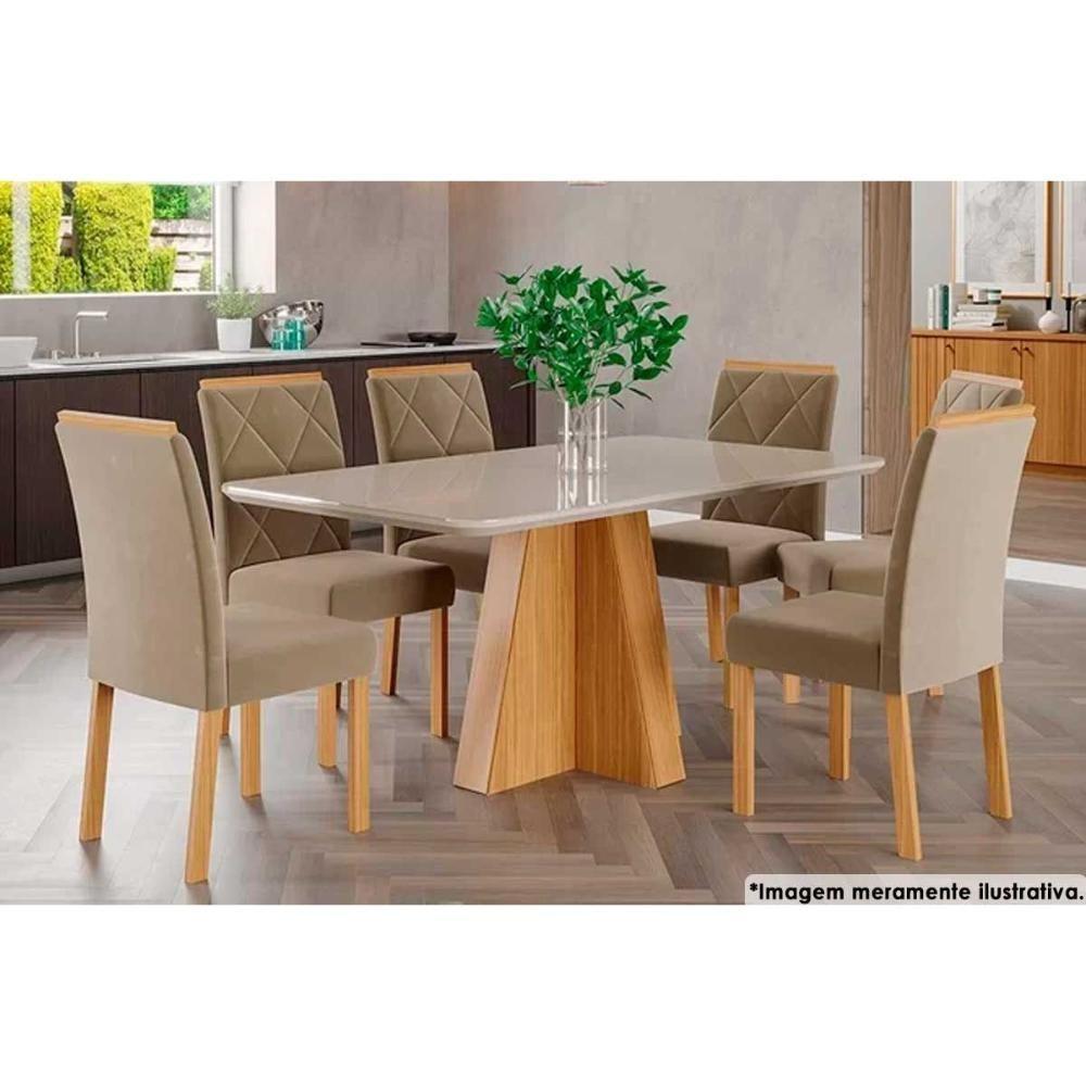 Sala de Jantar Completa Maite c/ Tampo Madeirado c/ Vidro Canto Curvo 130x80cm e 6 Cadeiras Maia Nature/Suede Gengibre Bege - Cimol - 1