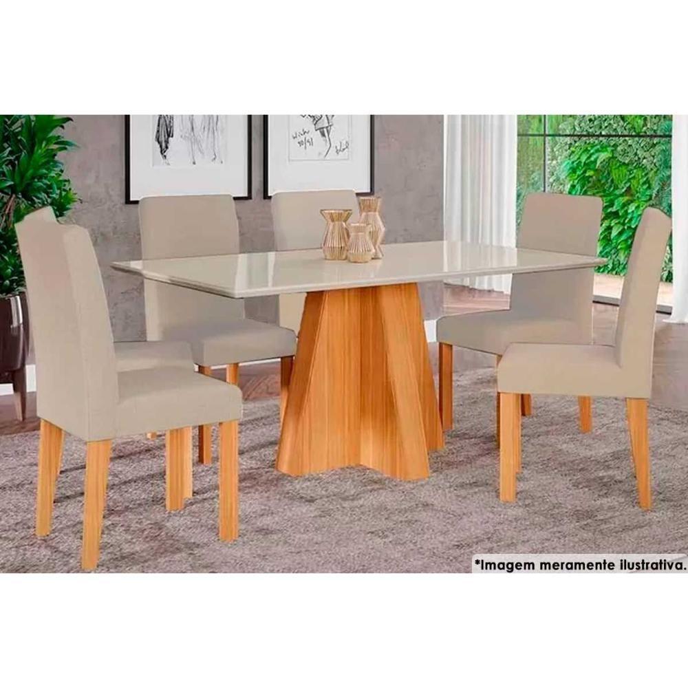 Sala de Jantar Completa Maite c/ Tampo Madeirado c/ Vidro Canto Curvo 160x80cm e 6 Cadeiras Maia Nature/Suede Gengibre Bege - Cimol - 1