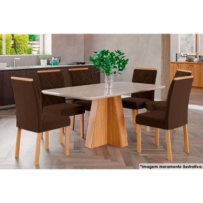 Sala de Jantar Completa Maite c/ Tampo Madeirado c/ Vidro Canto Curvo 130x80cm e 6 Cadeiras Maia Nature/Suede Mascavo Chocolate - Cimol