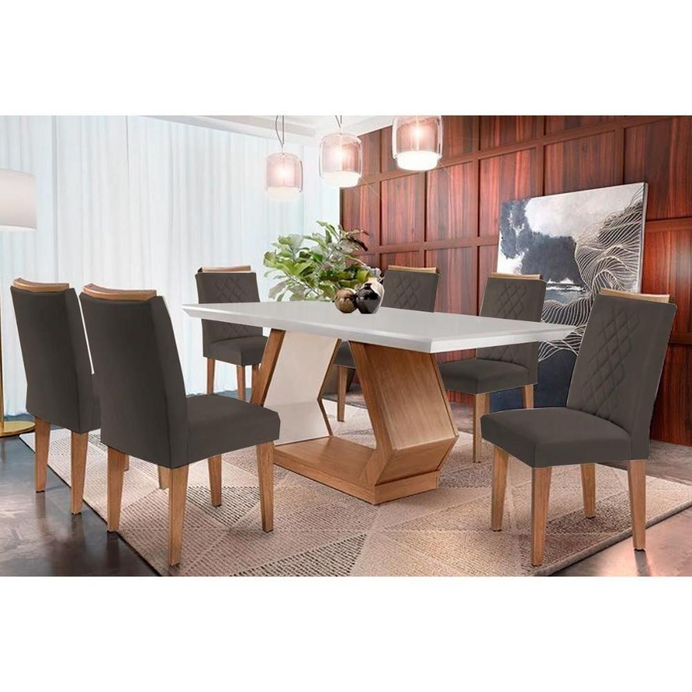 Sala de Jantar Completa Alvorada c/ Tampo Madeirado Canto Reto 180x90cm e 6 Cadeiras Jade Imbuia/Off White - Suede Grafite - Rufato - 1