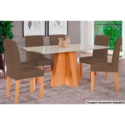 Sala de Jantar Completa Maite c/ Tampo Madeirado c/ Vidro Canto Curvo 160x80cm e 6 Cadeiras Maia Nature/Suede Mascavo Chocolate - Cimol