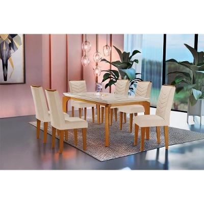 Sala de Jantar Completa Londrina Tampo Madeirado c/ Vidro Curvo 180x90cm e 6 Cadeiras Londrina Imbuia - Veludo Creme - Rufato