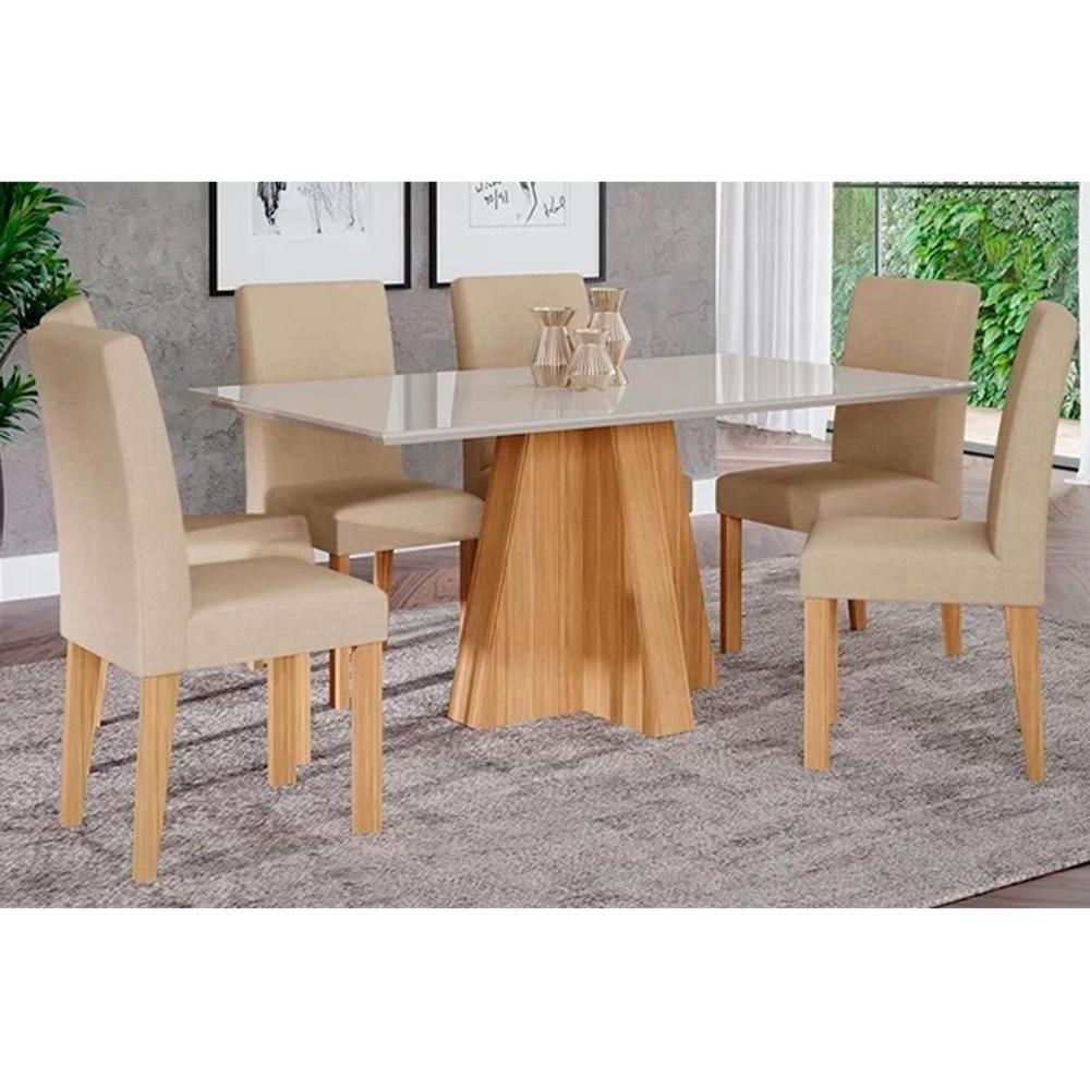 Sala de Jantar Completa Patricia c/ Tampo Madeirado c/ Vidro Canto Reto 160x80m e 6 Cadeiras Maia Savana-Cinamomo/Suede Gengibre Bege - Cimol - 1