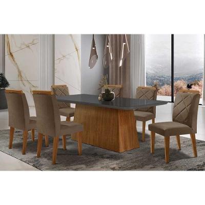 Sala de Jantar Completa Luna Tampo Madeirado c/ Vidro Curvo 180x90 e 6 Cadeiras Melissa Imbuia - Veludo Capuccino - Rufato