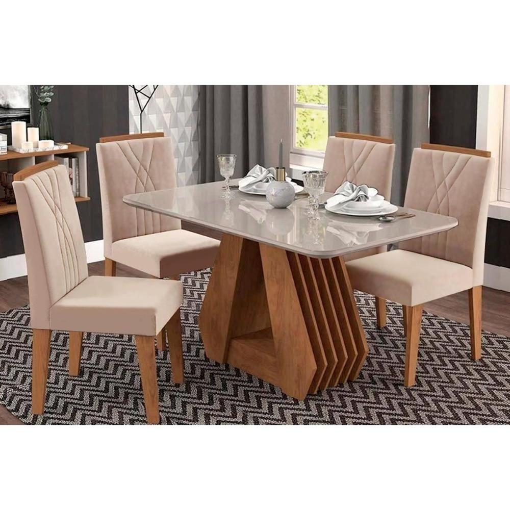 Sala de Jantar Completa Ágata Tampo Madeirado c/ Vidro 130X80 cm e 4 Cadeiras Nicole Savana-Nature/Off White -Suede Nude Bege - Cimol - 1