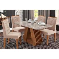 Sala de Jantar Completa Ágata Tampo Madeirado c/ Vidro 130X80 cm e 4 Cadeiras Nicole Savana-Nature/Off White -Suede Nude Bege - Cimol - 1