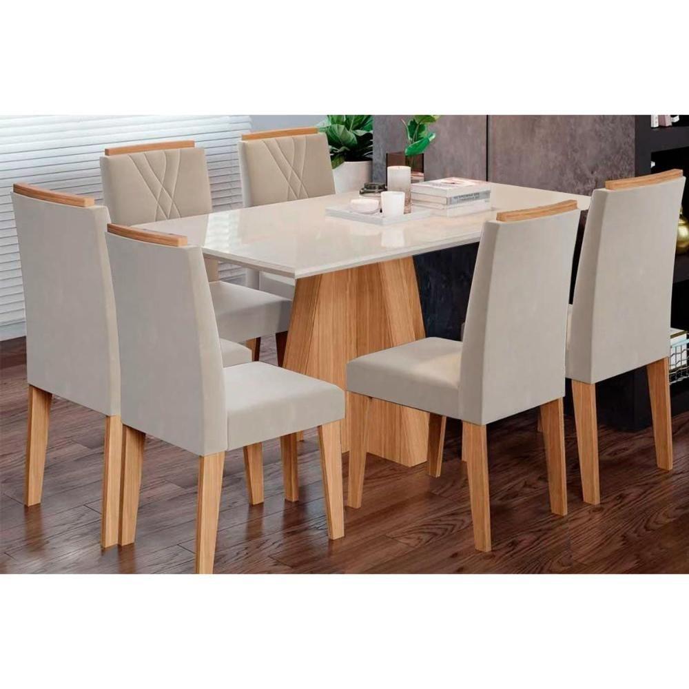 Sala De Jantar Completa Patricia C- Tampo Madeirado C- Vidro Canto Reto 160x80cm E 6 Cadeiras Nicole Nature-madeirado-suede Nude - Cimol - 1