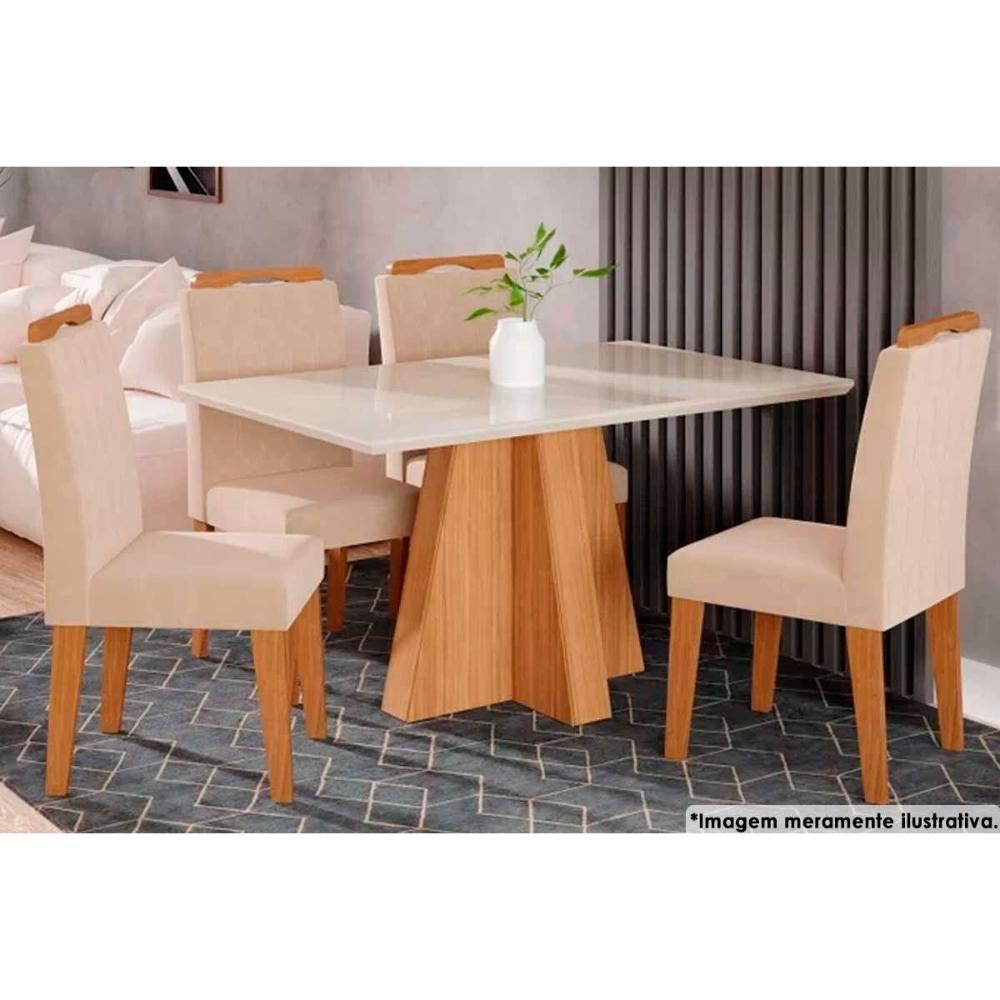 Sala de Jantar Completa Patricia c/ Tampo Madeirado c/ Vidro Canto Reto 130x80cm e 4 Cadeiras Paola Savana-Nature-Madeirado/Suede Nude Bege - Cimol - 1