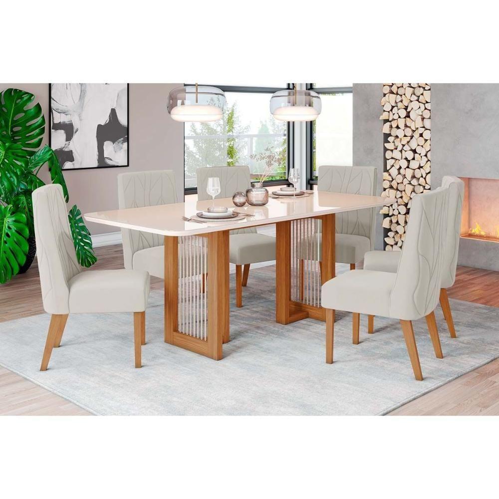 Sala de Jantar Completa Yara c/ Tampo Madeirado c/ Vidro Curvo 160x90cm e 6 Cadeiras Eloa Nature/Suede Light Linho - Henn - 1