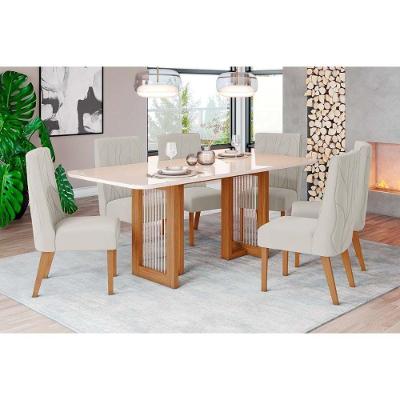 Sala de Jantar Completa Yara c/ Tampo Madeirado c/ Vidro Curvo 160x90cm e 6 Cadeiras Eloa Nature/Suede Light Linho - Henn