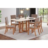 Sala de Jantar Completa Natalí c/ Tampo Madeirado c/ Vidro Reto 160x90cm e 6 Cadeiras Milla Nature/Veludo Light Marrom Amêndoa - Henn - 1