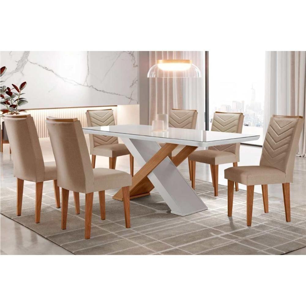 Sala de Jantar Completa Imperatriz Tampo Madeirado c/ Vidro Canto Curvo 180x90 e 6 Cadeiras Londrina Imbuia/Off White - Suede Capuccino - Rufato - 1