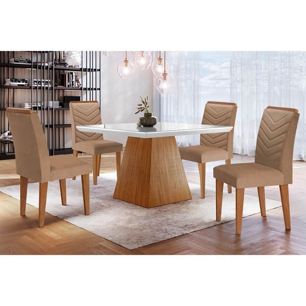 Sala de Jantar Completa Luna c/ Tampo Madeirado Vidro Canto Curvo 90x90cm e 4 cadeiras Londrina Imbuia/Off White - Suede Capuccino - Rufato - 1