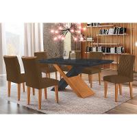 Sala de Jantar Completa Imperatriz Tampo Madeirado c/ Vidro Canto Curvo 180x90 e 6 Cadeiras Jade Imbuia/Grafite - Suede Marrom - Rufato - 1