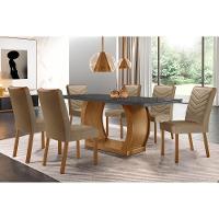 Sala de Jantar Completa Jade Tampo Madeirado c/ Vidro Canto Curvo 180x90 e 6 Cadeiras Londrina Imbuia/Grafite - Suede Capuccino - Rufato - 1