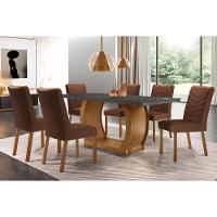 Sala de Jantar Completa Jade Tampo Madeirado c/ Vidro Canto Curvo 180x90 e 6 Cadeiras Londrina Imbuia/Grafite - Suede Marrom - Rufato - 1