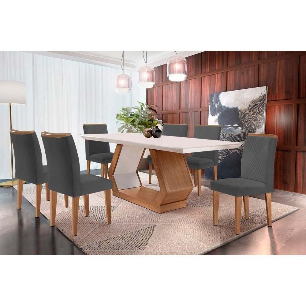 Sala de Jantar Completa Alvorada c/ Tampo Madeirado Canto Reto 180x90cm e 6 Cadeiras Amsterdã Imbuia/Off White - Linho Grafite - Rufato - 1