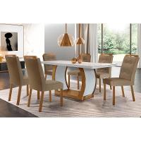 Sala de Jantar Completa Jade Tampo Madeirado c/ Vidro Canto Curvo 180x90 e 6 Cadeiras Imperatriz Imbuia/Off White - Suede Capuccino - Rufato - 1