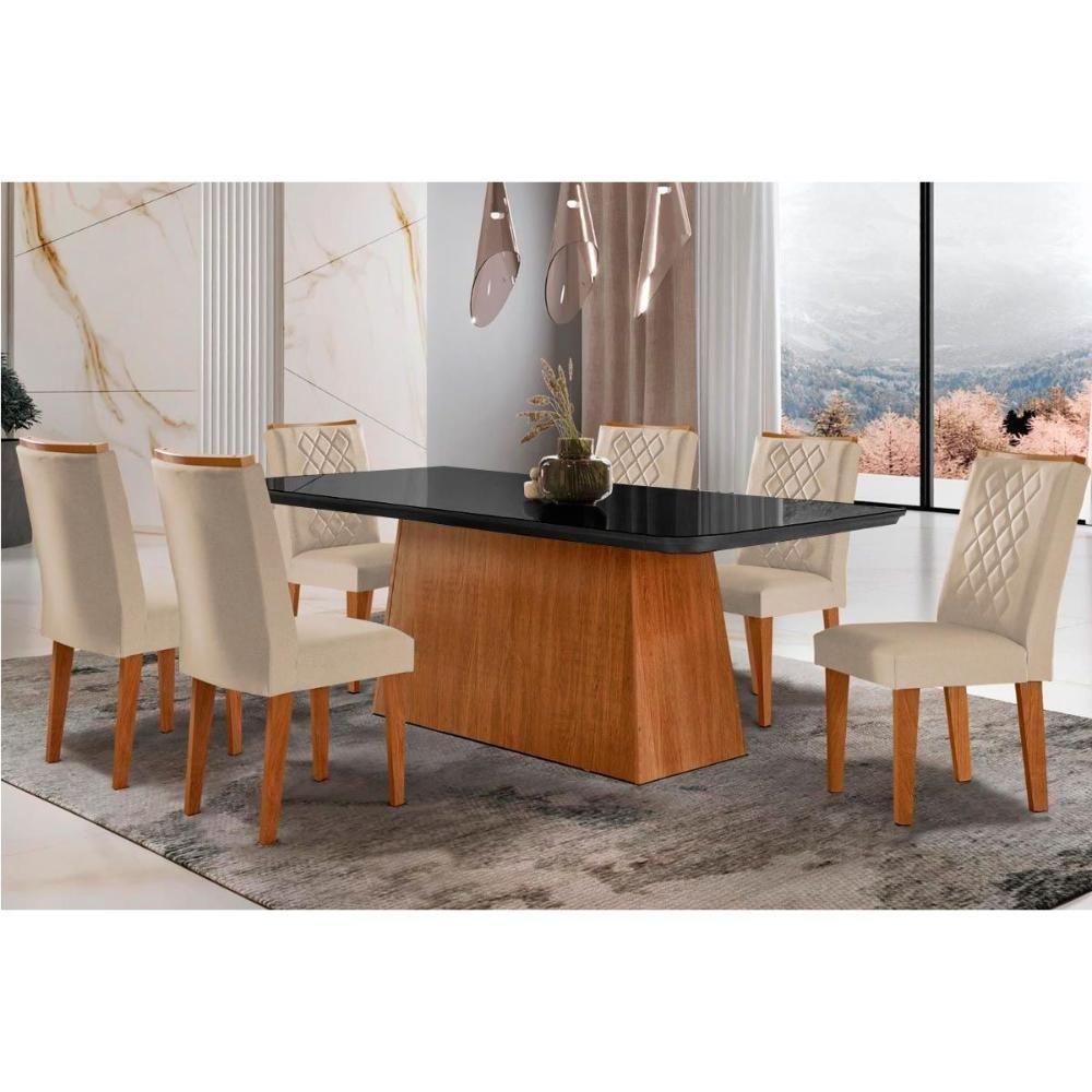 Sala de Jantar Completa Luna c/ Tampo de Vidro Canto Curvo 180x90cm e 6 cadeiras Jade Imbuia/Grafite - Suede Creme - Rufato - 1