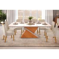 Sala de Jantar Completa Zafira Tampo Madeirado c/ Vidro Curvo 200x100cm e 8 Cadeiras Jade Cedro/Off White - Linho Neve - DJ Móveis - 1