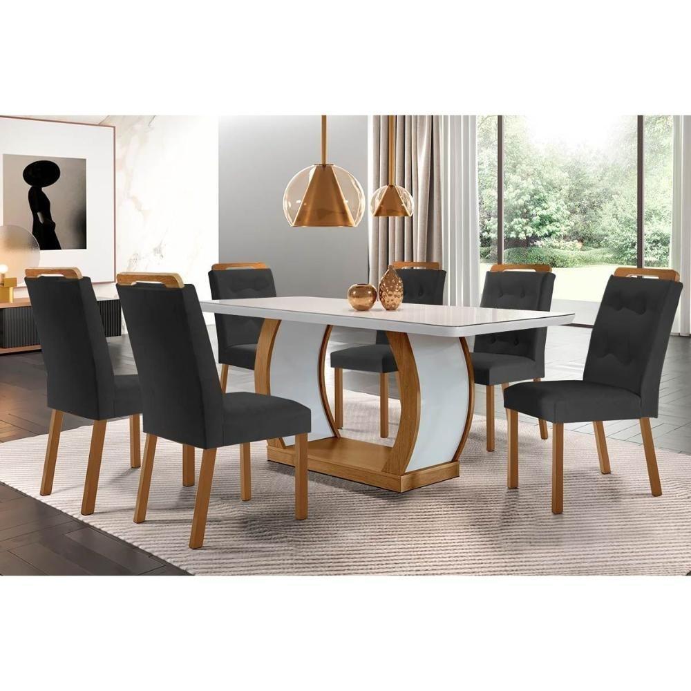 Sala de Jantar Completa Jade Tampo Madeirado c/ Vidro Canto Curvo 180x90 e 6 Cadeiras Imperatriz Imbuia/Off White - Suede Grafite - Rufato - 1