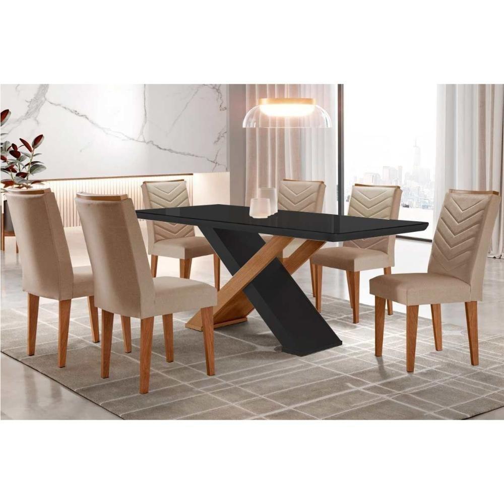 Sala de Jantar Completa Imperatriz Tampo Madeirado c/ Vidro Canto Curvo 180x90 e 6 Cadeiras Londrina Imbuia/Grafite - Suede Capuccino - Rufato - 1