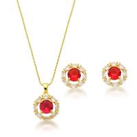 Conjunto Colar E Brincos Com Zirconia Vermelha Banhada A Ouro 18k - 1