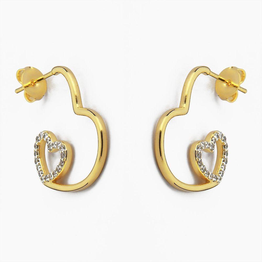 Brinco De Argola Com Coração Cravejado Com Zircônias Banhado A Ouro 18k - 1