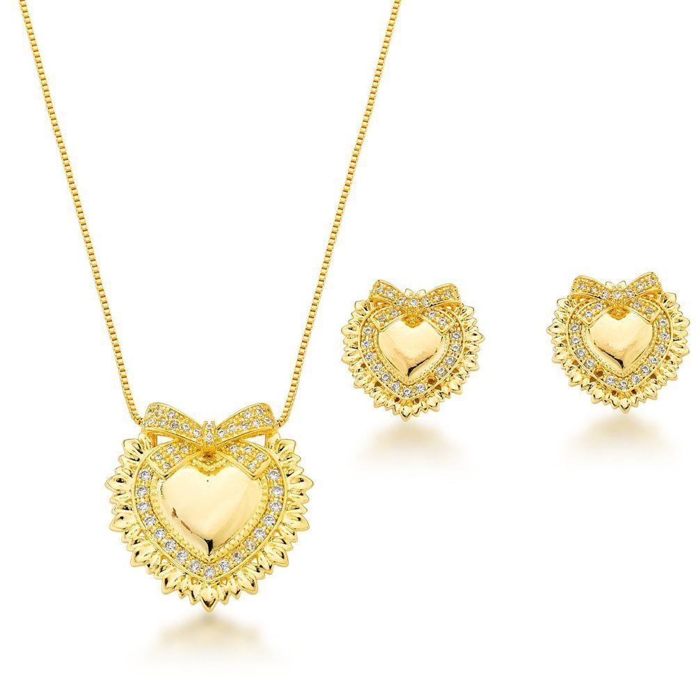 Conjunto Colar E Brincos Coração Com Laço Banhado A Ouro 18k - 1