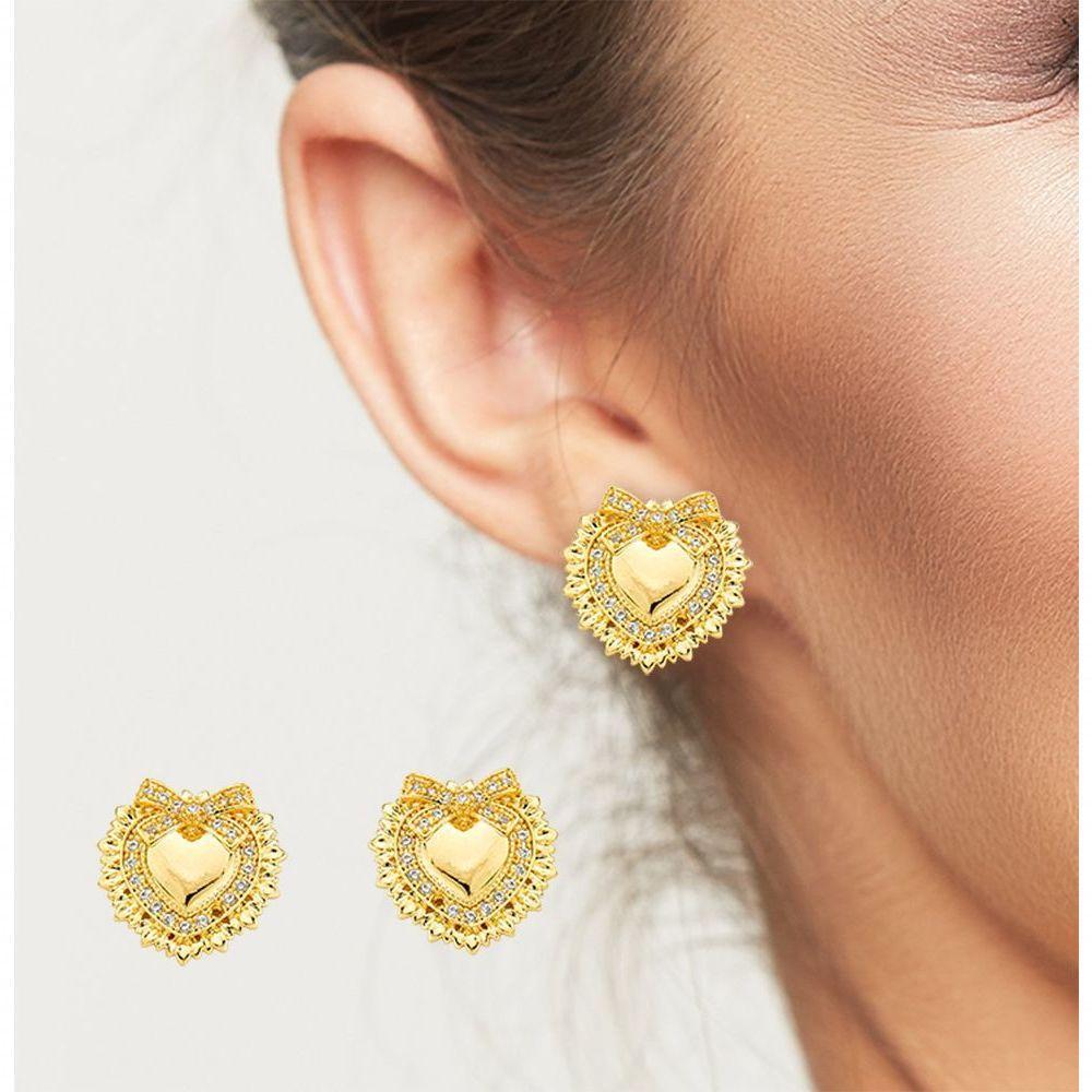 Conjunto Colar E Brincos Coração Com Laço Banhado A Ouro 18k - 3