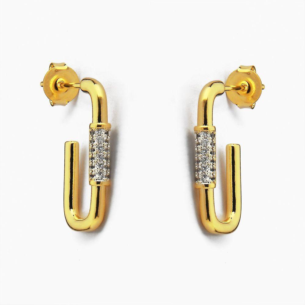 Brinco De Argola Retangular Com Parte Cravejado Em Zircônia Banhado Em Ouro 18k - 1